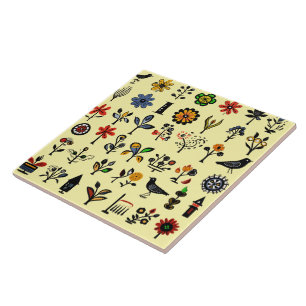 Colourful folk floral and birds tile