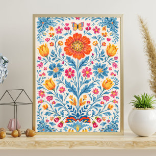 Colourful Folk Floral Pattern with Butterfly Poster