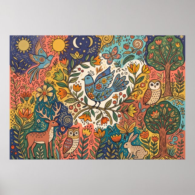 Colourful Folk Forest Animals Poster (Front)
