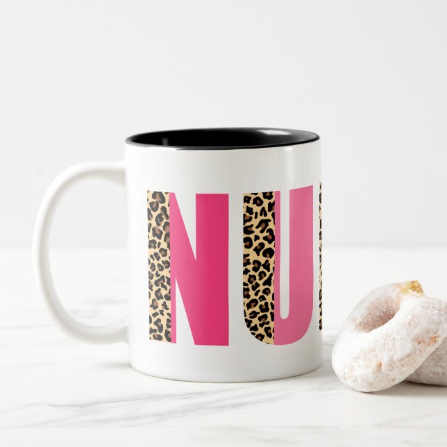 Colourful Font with Leopard Print Accent Bold Nurs Two-Tone Coffee Mug (With Donut)