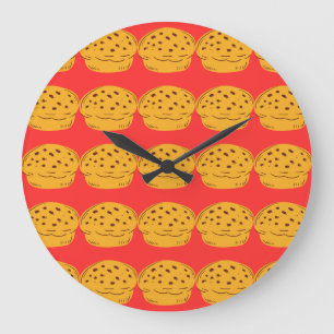 Colourful Food Pattern on Red Background Large Clock
