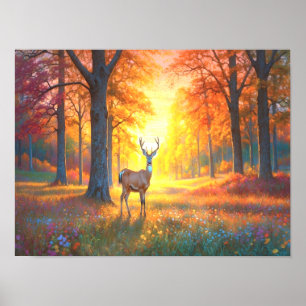 Colourful Forest Flowers and Deer Art Poster
