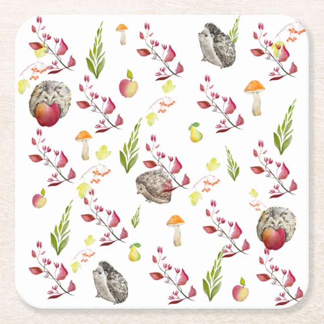 Colourful forest house pattern with bunnies, hedge square paper coaster (Front)
