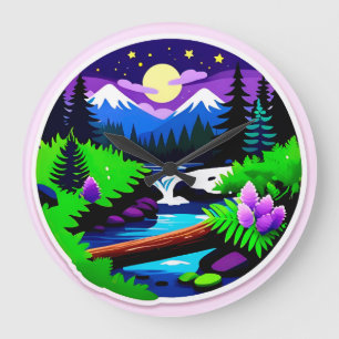 Colourful Forest Landscape With Moonlit Stream Large Clock