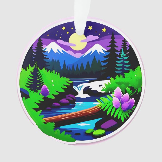 Colourful Forest Landscape With Moonlit Stream Ornament (Front)