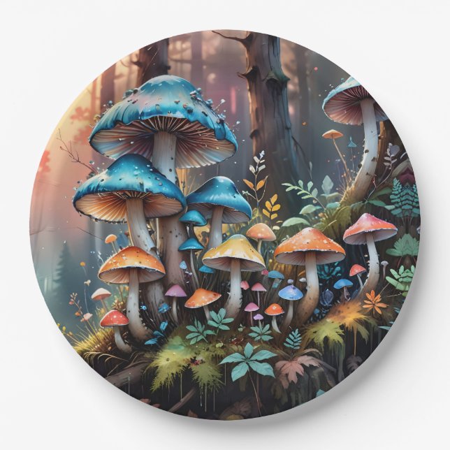 Colourful Forest Mushroom Art Paper Plate (Front)