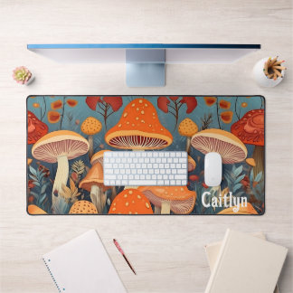 Colourful Forest Mushrooms Personalized Name Desk Mat