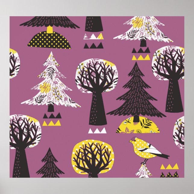 Colourful forest with birds, seamless tile. poster (Front)