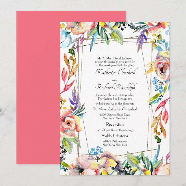 Colourful Formal Vibrant Floral Parents Wedding Invitation (Front/Back)