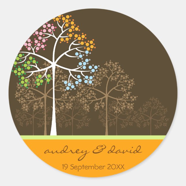 Colourful Four Seasons Trees Modern Wedding Sticke Classic Round Sticker (Front)