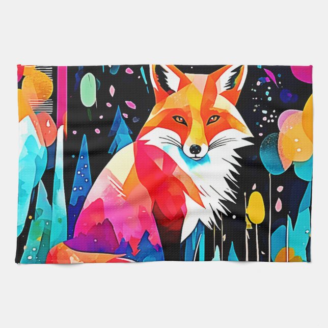 Colourful Fox Abstract Art Kitchen Towel (Horizontal)