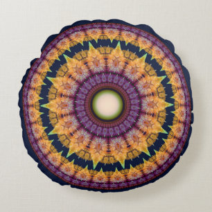 Colourful fractal orange blue mandala round pillow