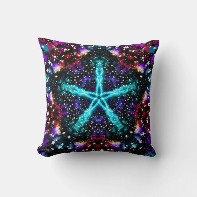 Colourful Fractal Stars Universe Mandala Star Throw Pillow (Front)