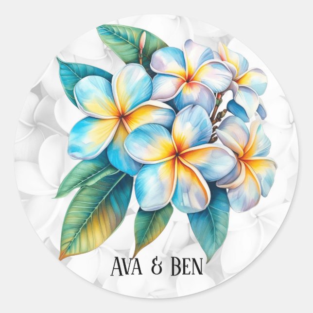 Colourful Frangipani Hawaii Floral Wedding Classic Round Sticker (Front)