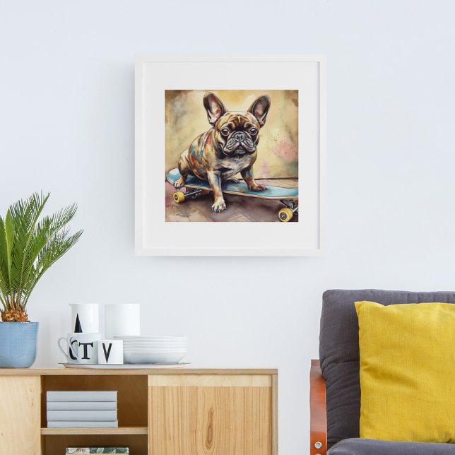 colourful French Bulldog sitting on skateboard Poster (Creator Uploaded)