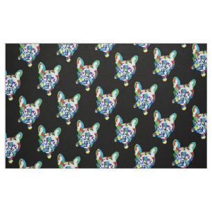 Colourful French Bulldogs on black Fabric