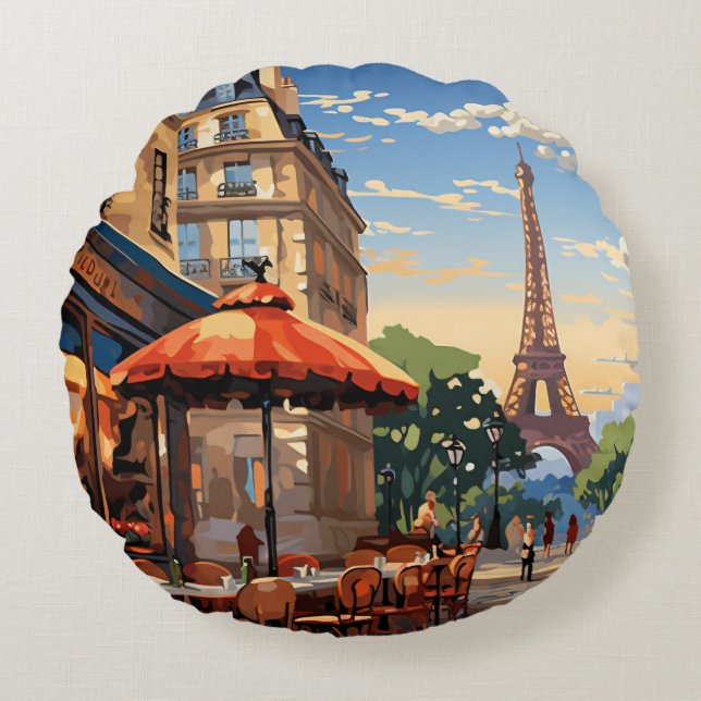 Colourful French Cafe Eifel Tower Paris France Round Pillow (Front)