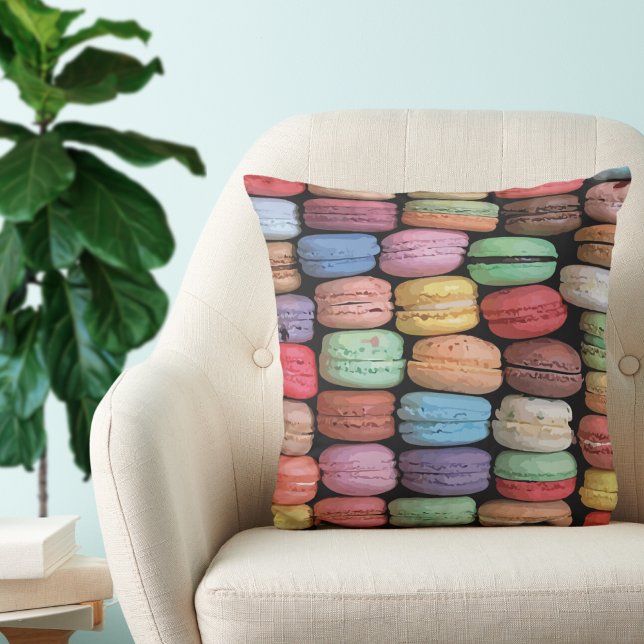 Colourful French Macaron Pattern Throw Pillow (Cute Trendy Colorful French Macaron Cookie Throw Pillow)