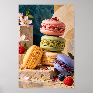 Colourful French Macarons with Flowers and Berries Poster