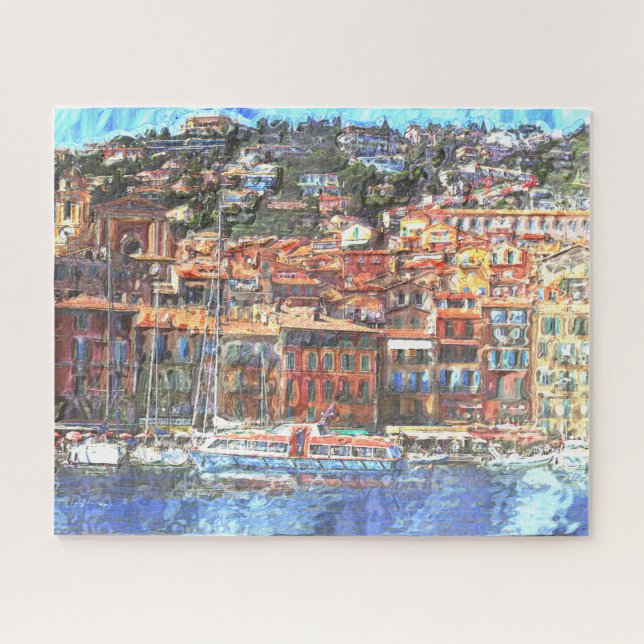 Colourful French Riviera Coast Aquarelle Painting Jigsaw Puzzle (Horizontal)