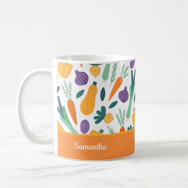 Colourful Fresh Vegetable Pattern with Name Orange Coffee Mug (Left)