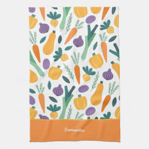 Colourful Fresh Vegetable Pattern with Name Orange Kitchen Towel