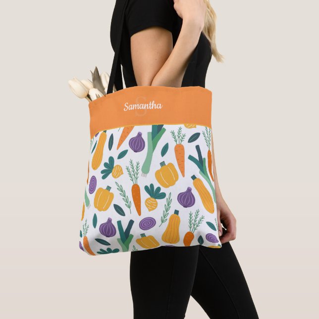 Colourful Fresh Vegetable Pattern with Name Orange Tote Bag (Close Up)