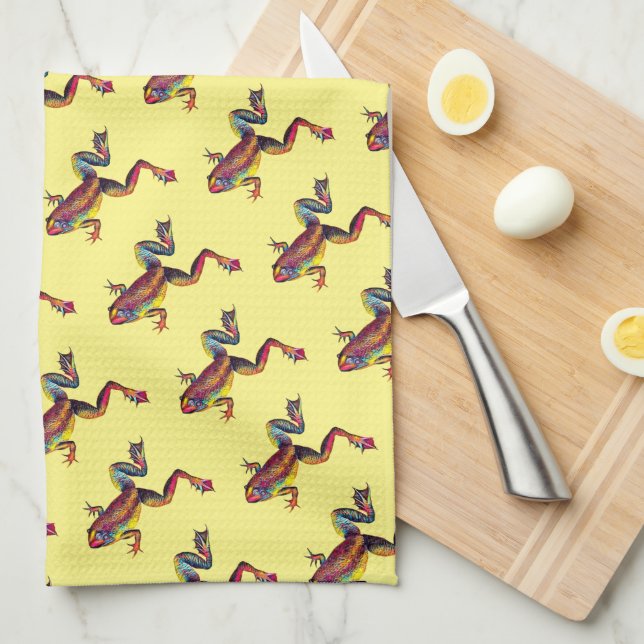 Colourful Frog Toads on Yellow Kitchen Towel (Quarter Fold)