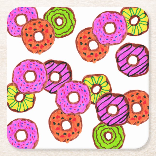 colourful frosted doughnuts doughnut with sprinkle square paper coaster (Front)