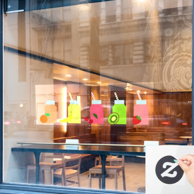 Colourful fruit juice bottles with straws window cling (Cafe Window)
