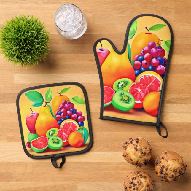 Colourful Fruit Medley Oven Mitt & Pot Holder Set (Top Down)