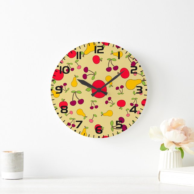 Colourful Fruit Pattern Apples Cherries and Pears  Large Clock (Creator Uploaded)