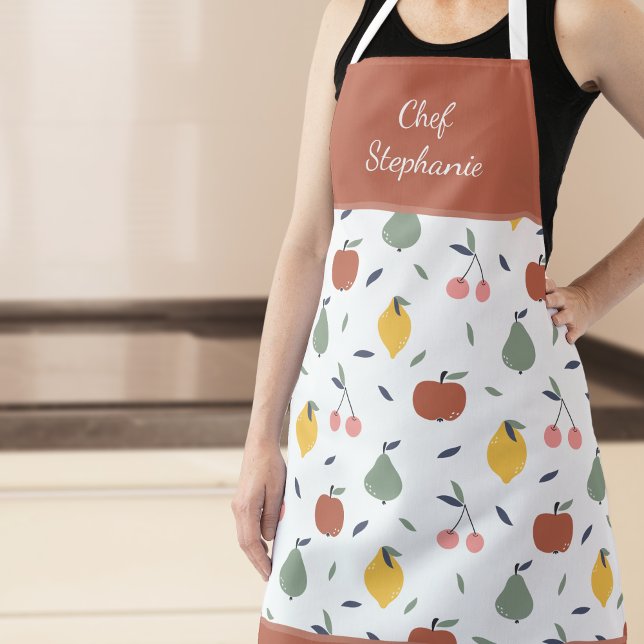 Colourful Fruit Pattern Chef Name Red Kitchen Apron (Creator Uploaded)
