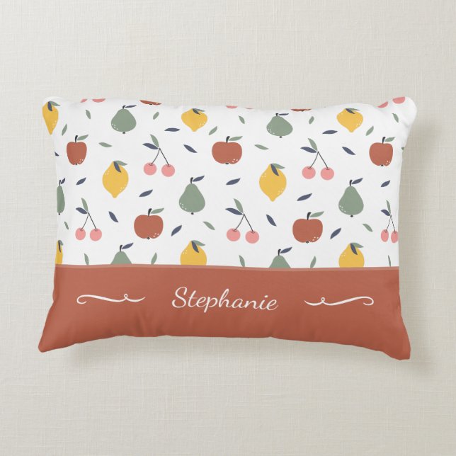 Colourful Fruit Pattern First Name Red Accent Pillow (Back)