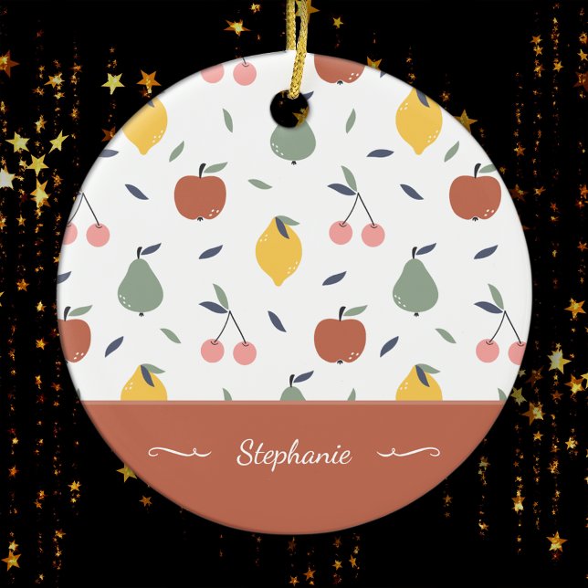 Colourful Fruit Pattern First Name Red Christmas Ceramic Ornament (Creator Uploaded)