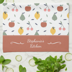 Colourful Fruit Pattern First Name Red Kitchen Towel