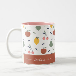 Colourful Fruit Pattern First Name Red Kitchen Two-Tone Coffee Mug
