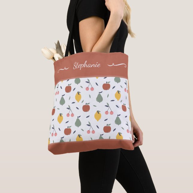 Colourful Fruit Pattern First Name Red Shopping Tote Bag (Close Up)
