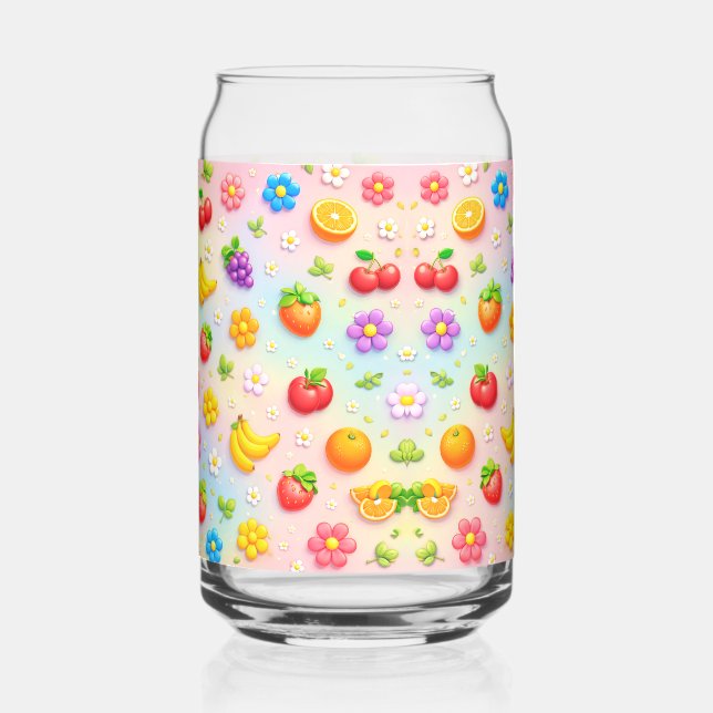 Colourful Fruit Pattern With Flowers and Fruits Can Glass (Back)