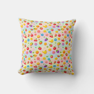 Colourful Fruit Pattern With Flowers and Fruits Throw Pillow