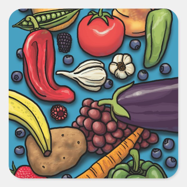Colourful Fruits and Vegetables on Blue Square Sticker (Front)