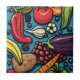 Colourful Fruits and Vegetables on Blue Tile
