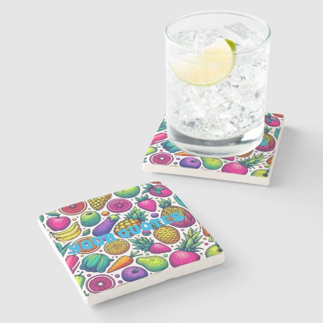 Colourful Fruits and Vegetables Pattern  Stone Coaster (Side)