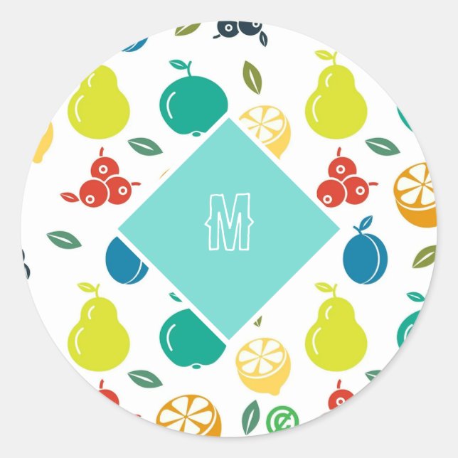 Colourful Fruits Custom Monogram Simple Classic Round Sticker (Front)
