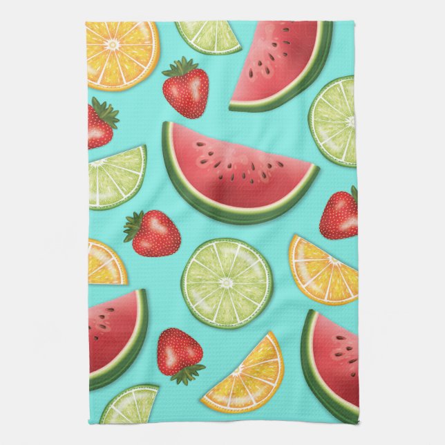 Colourful Fruits On Blue Sweet Summer Pattern Kitchen Towel (Vertical)