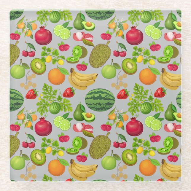 Colourful Fruits Pattern 01.b LGrey BG Glass Coaster (Front)