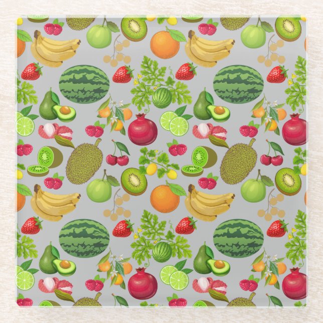 Colourful Fruits Pattern 01.b LGrey BG Glass Coaster (Front)