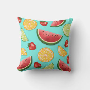 Colourful Fruits Strawberry Watermelon Citrus Blue Throw Pillow