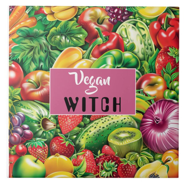 Colourful Fruits & Vegetables Vegan Witch Tile (Front)