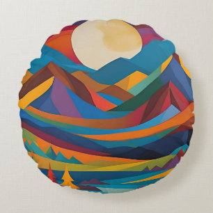 Colourful Full Moon Over Mountains And Lake Round Pillow
